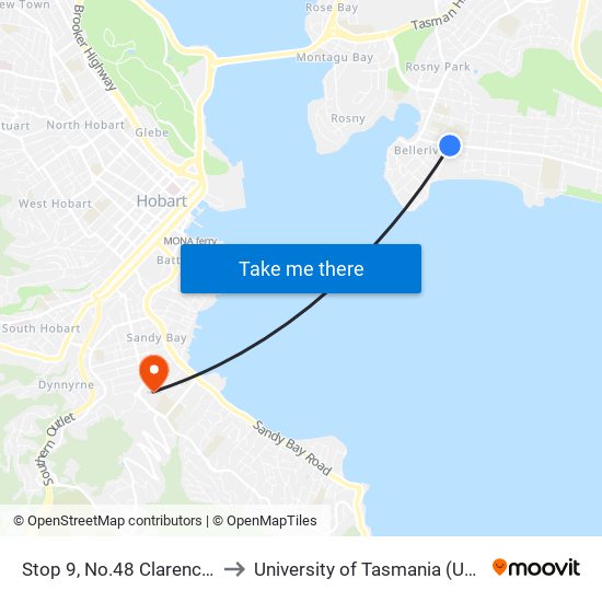 Stop 9, No.48 Clarence St to University of Tasmania (UTAS) map