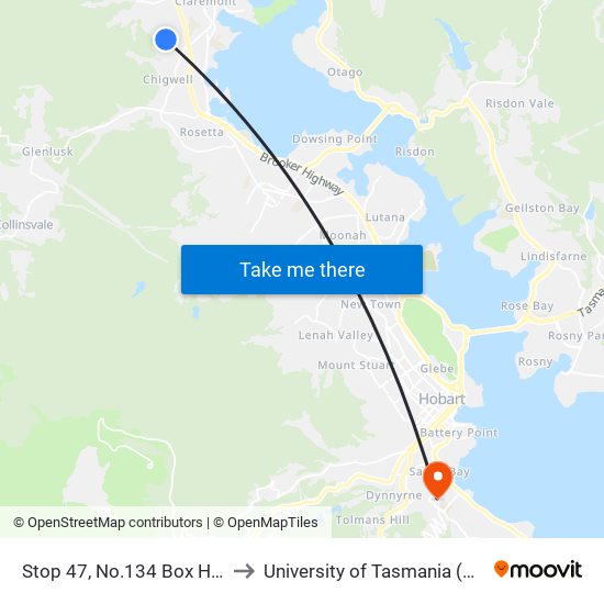 Stop 47, No.134 Box Hill Rd to University of Tasmania (UTAS) map