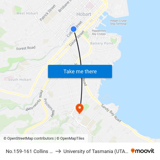 No.159-161 Collins St to University of Tasmania (UTAS) map