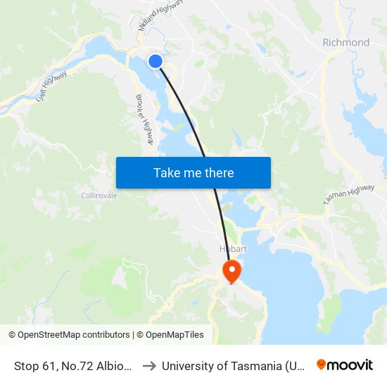 Stop 61, No.72 Albion Rd to University of Tasmania (UTAS) map