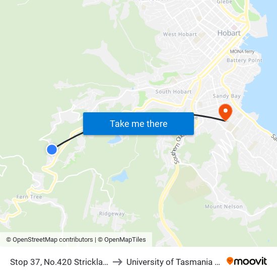 Stop 37, No.420 Strickland Ave to University of Tasmania (UTAS) map