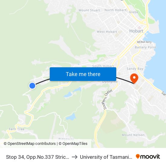 Stop 34, Opp.No.337 Strickland Ave to University of Tasmania (UTAS) map