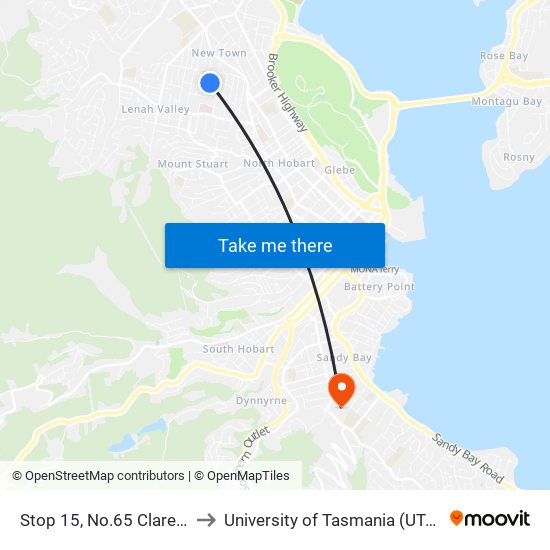 Stop 15, No.65 Clare St to University of Tasmania (UTAS) map