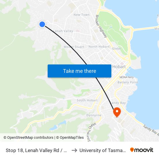 Stop 18, Lenah Valley Rd / Girrabong Rd to University of Tasmania (UTAS) map