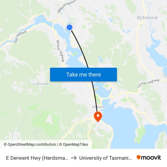 E Derwent Hwy (Herdsmans Cove) to University of Tasmania (UTAS) map