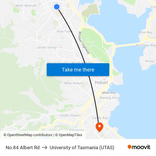 No.84 Albert Rd to University of Tasmania (UTAS) map