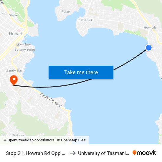 Stop 21, Howrah Rd Opp Minerva St to University of Tasmania (UTAS) map