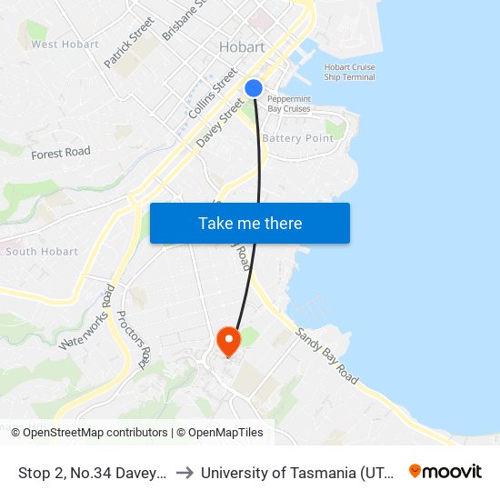 Stop 2, No.34 Davey St to University of Tasmania (UTAS) map