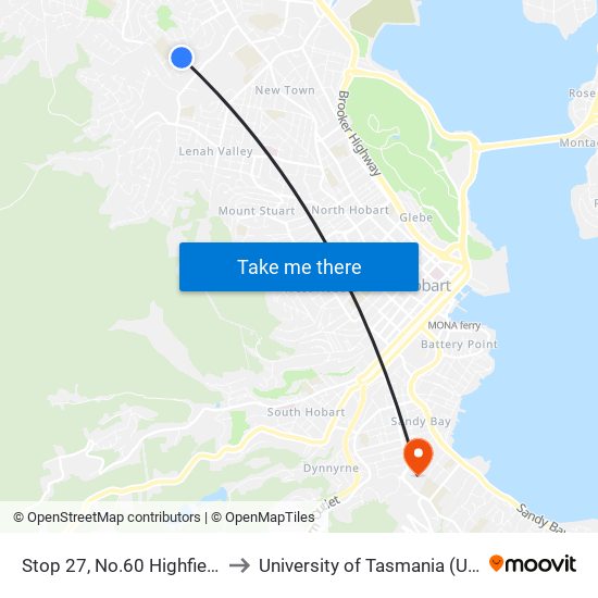 Stop 27, No.60 Highfield St to University of Tasmania (UTAS) map