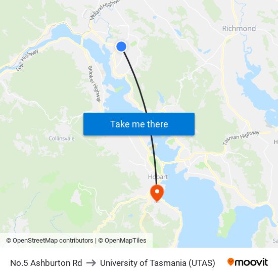 No.5 Ashburton Rd to University of Tasmania (UTAS) map