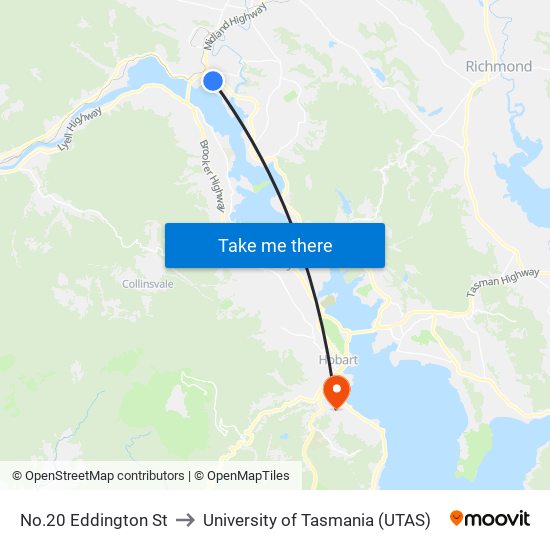 No.20 Eddington St to University of Tasmania (UTAS) map