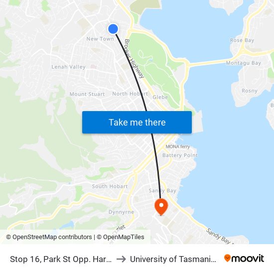Stop 16, Park St Opp. Harbroe Ave to University of Tasmania (UTAS) map