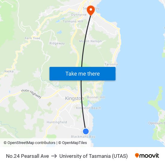 No.24 Pearsall Ave to University of Tasmania (UTAS) map