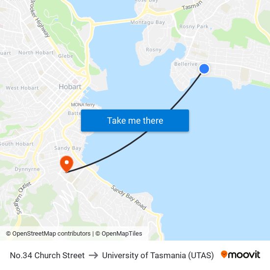 No.34 Church Street to University of Tasmania (UTAS) map