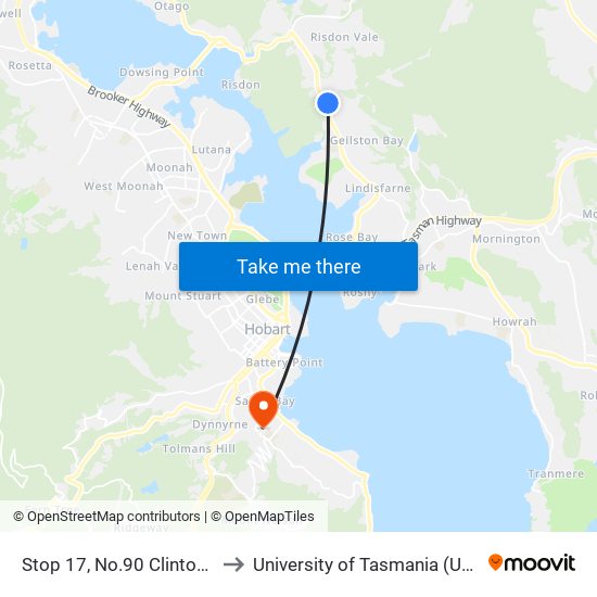 Stop 17, No.90 Clinton Rd to University of Tasmania (UTAS) map