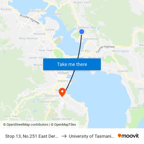 Stop 13, No.251 East Derwent Hwy to University of Tasmania (UTAS) map