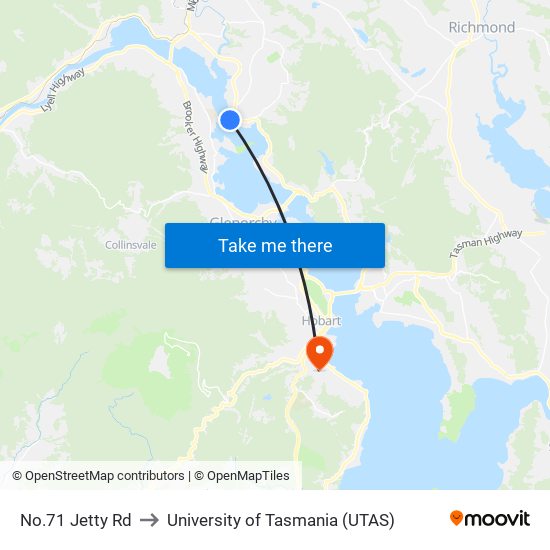 No.71 Jetty Rd to University of Tasmania (UTAS) map