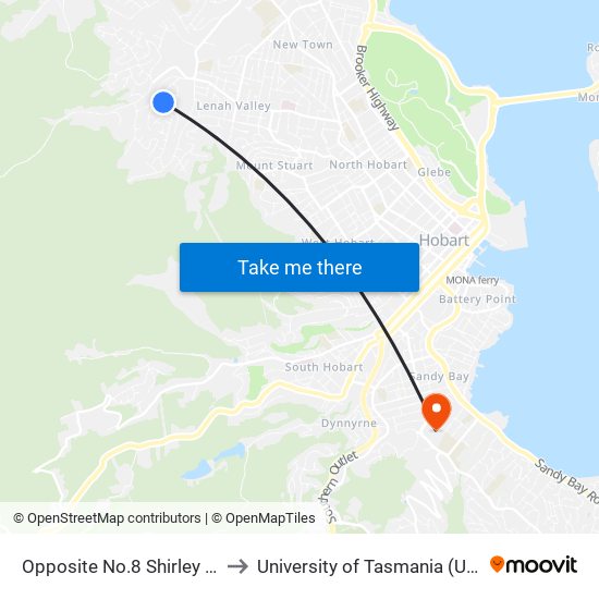 Opposite No.8 Shirley Blvd to University of Tasmania (UTAS) map