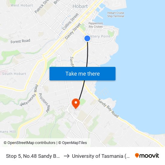 Stop 5, No.48 Sandy Bay Rd to University of Tasmania (UTAS) map