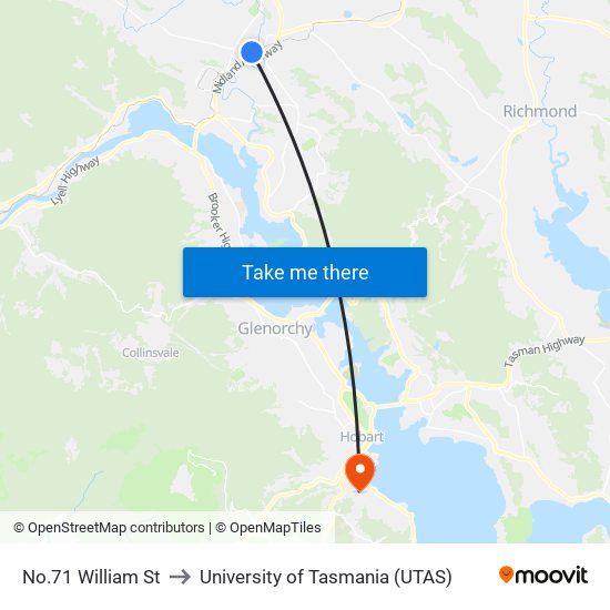 No.71 William St to University of Tasmania (UTAS) map