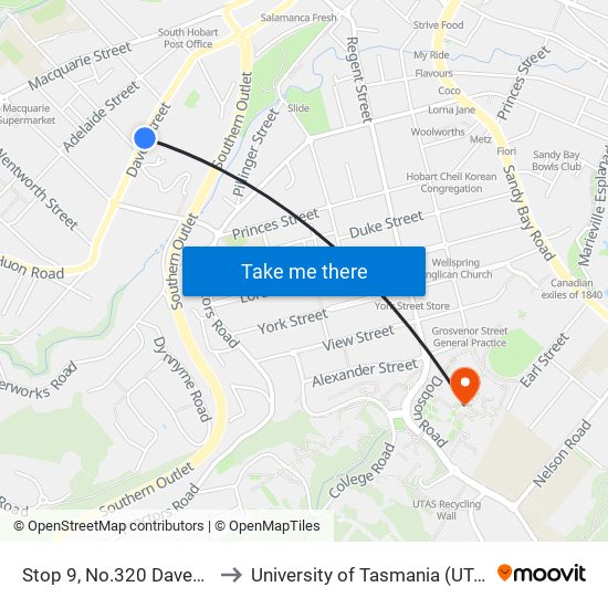 Stop 9, No.320 Davey St to University of Tasmania (UTAS) map