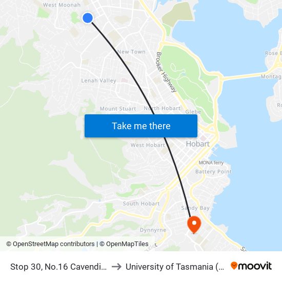 Stop 30, No.16 Cavendish Rd to University of Tasmania (UTAS) map