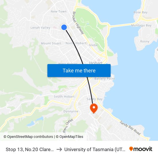 Stop 13, No.20 Clare St to University of Tasmania (UTAS) map