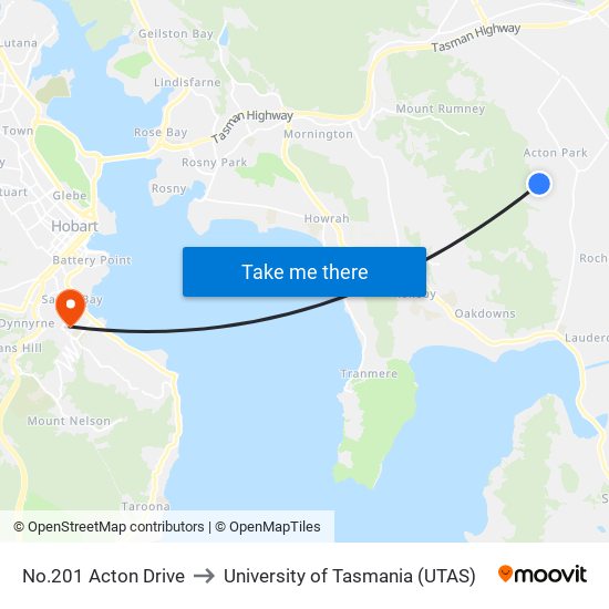 No.201 Acton Drive to University of Tasmania (UTAS) map