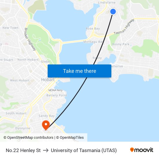 No.22 Henley St to University of Tasmania (UTAS) map
