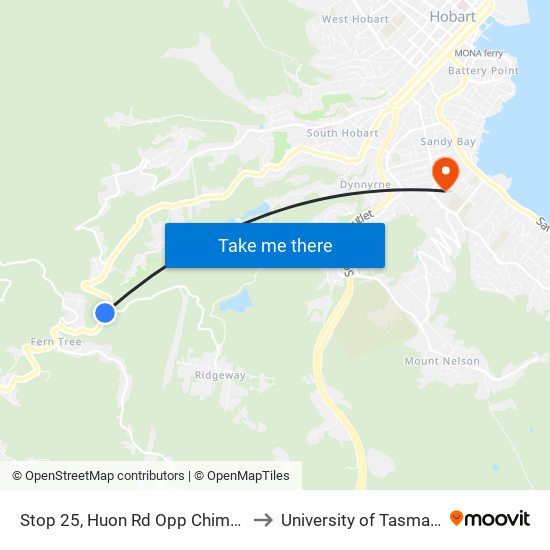 Stop 25, Huon Rd Opp Chimney Pot Hill Rd to University of Tasmania (UTAS) map