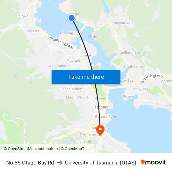 No.55 Otago Bay Rd to University of Tasmania (UTAS) map