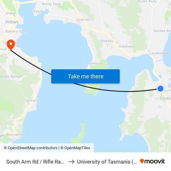 South Arm Rd / Rifle Range Rd to University of Tasmania (UTAS) map