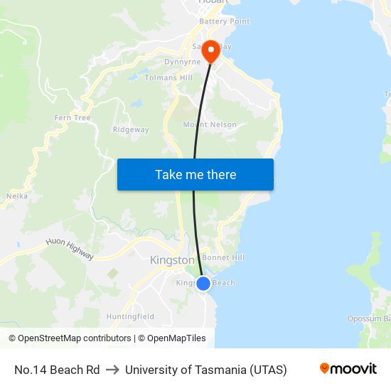 No.14 Beach Rd to University of Tasmania (UTAS) map