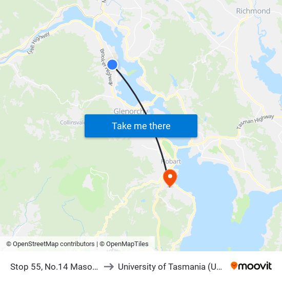 Stop 55, No.14 Mason St to University of Tasmania (UTAS) map