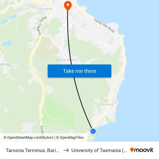 Taroona Terminus, Baringa Rd to University of Tasmania (UTAS) map