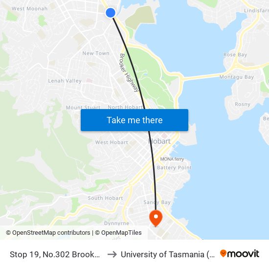 Stop 19, No.302 Brooker Hwy to University of Tasmania (UTAS) map