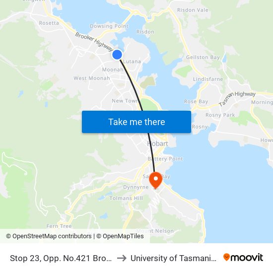 Stop 23, Opp. No.421 Brooker Hwy to University of Tasmania (UTAS) map