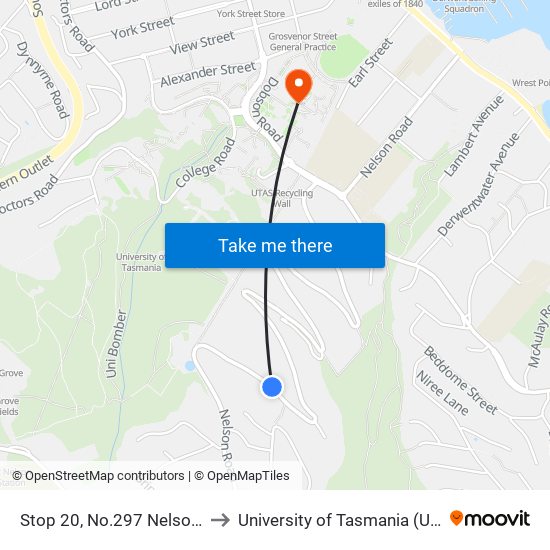 Stop 20, No.297 Nelson Rd to University of Tasmania (UTAS) map