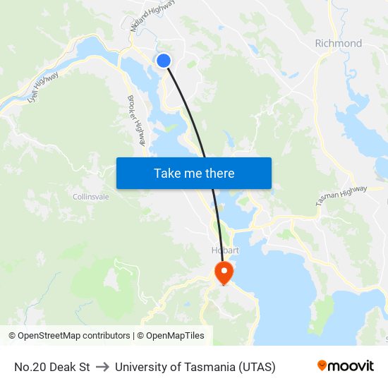 No.20 Deak St to University of Tasmania (UTAS) map