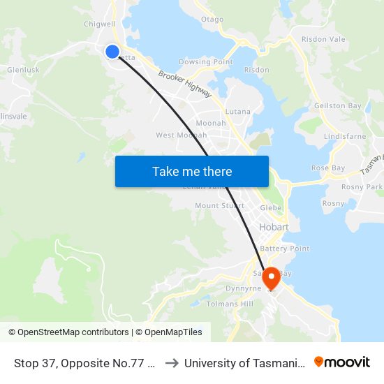 Stop 37, Opposite No.77 Crosby Rd to University of Tasmania (UTAS) map