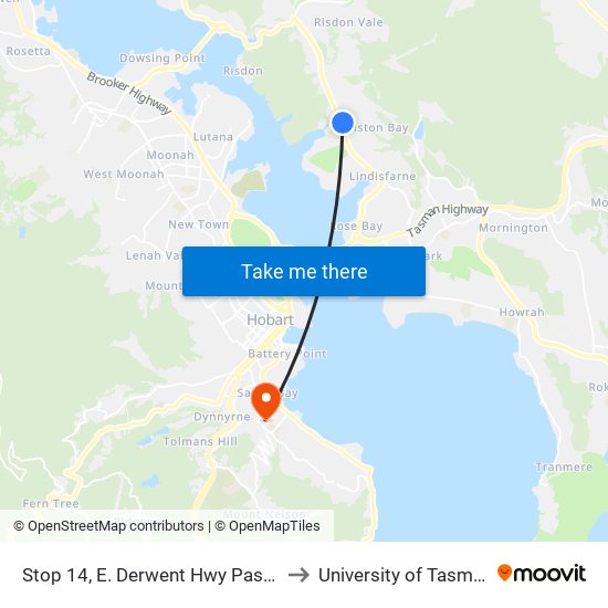 Stop 14, E. Derwent Hwy Past Debomfords Ln to University of Tasmania (UTAS) map