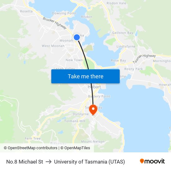 No.8 Michael St to University of Tasmania (UTAS) map