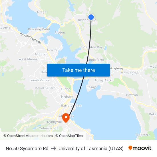 No.50 Sycamore Rd to University of Tasmania (UTAS) map