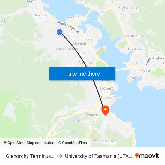 Glenorchy Terminus C to University of Tasmania (UTAS) map