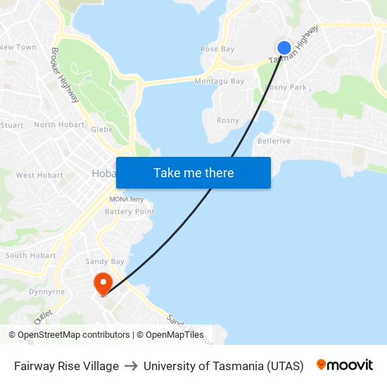 Fairway Rise Village to University of Tasmania (UTAS) map