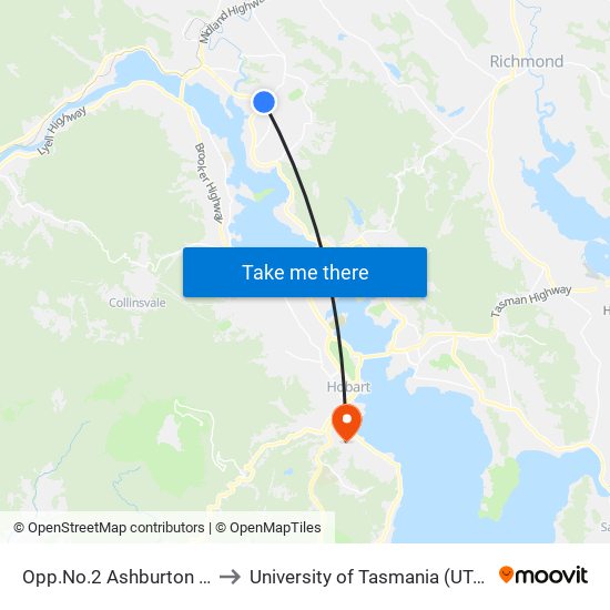 Opp.No.2 Ashburton Rd to University of Tasmania (UTAS) map