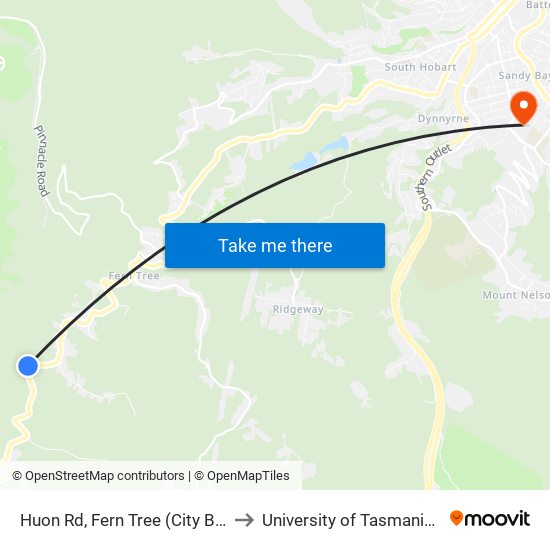 Huon Rd, Fern Tree (City Boundary) to University of Tasmania (UTAS) map