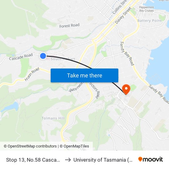 Stop 13, No.58 Cascade Rd to University of Tasmania (UTAS) map