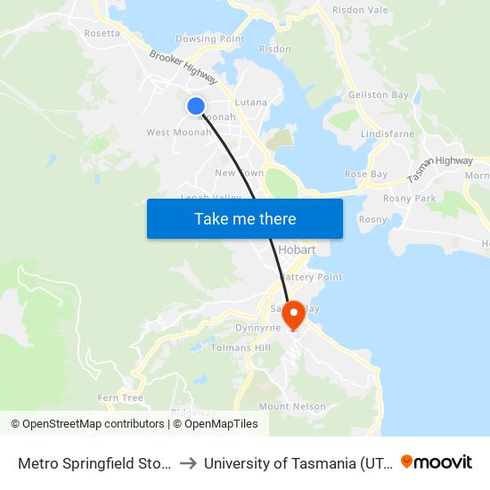 Metro Springfield Stop A to University of Tasmania (UTAS) map