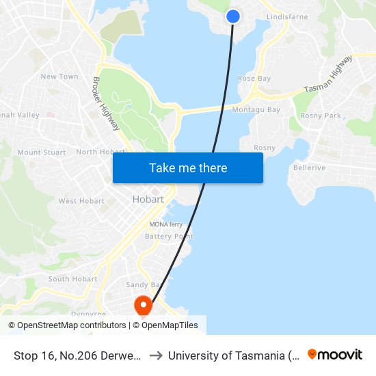 Stop 16, No.206 Derwent Ave to University of Tasmania (UTAS) map